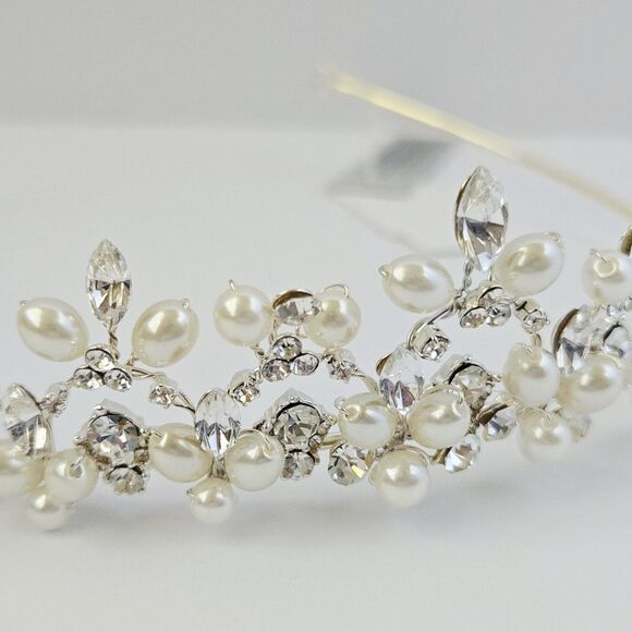 David\'s Bridal Swarovski Crystal Cultured Pearl Silver Wedding Tiara Headpiece main image 8